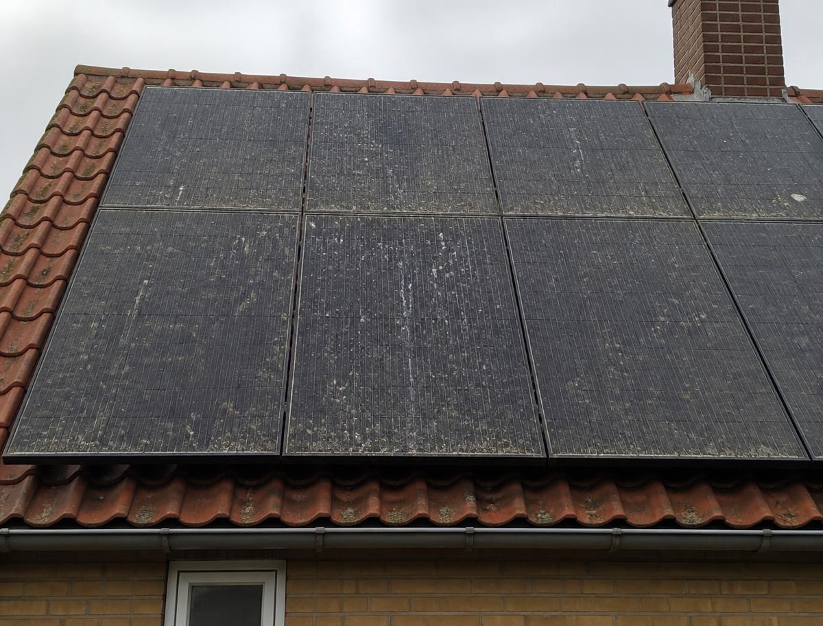 Solceller på tegltag dækket af støv, pollen og fugleklatter
